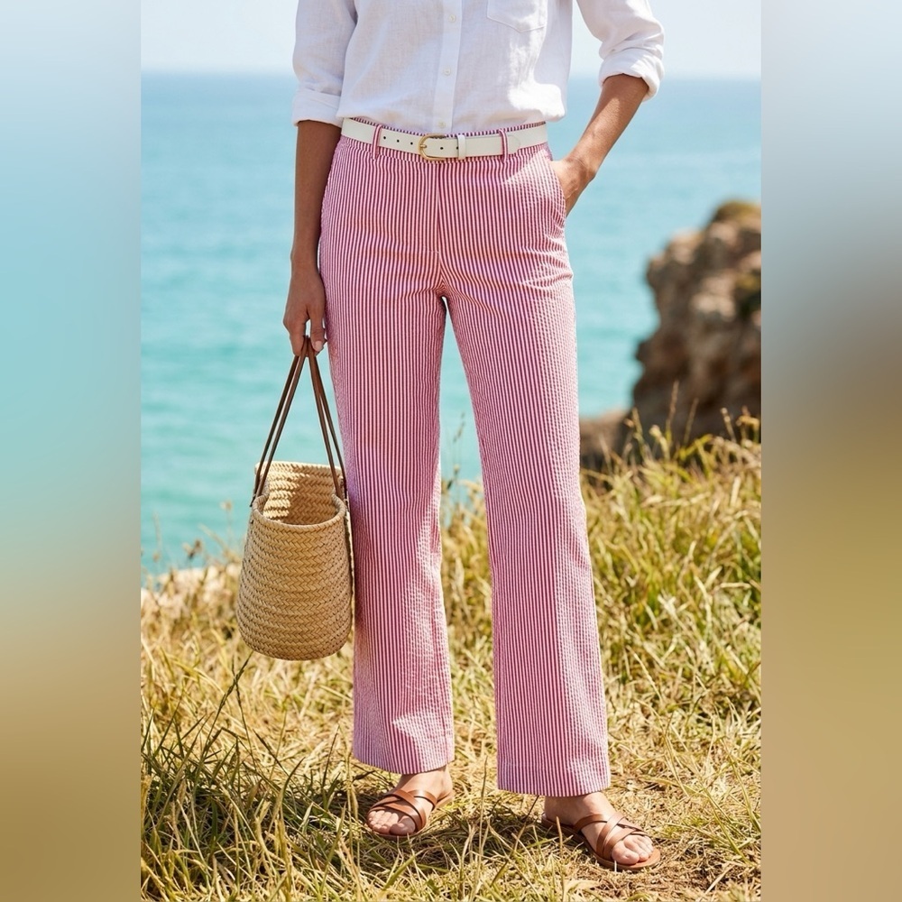 Trina Turk's bright pink and white striped seersucker wide leg pants
